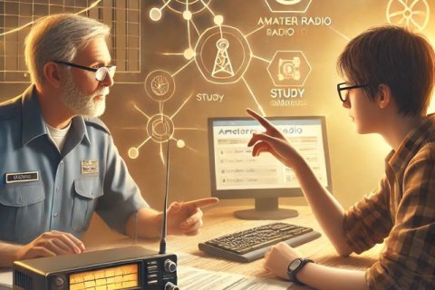 Ein Mentor erklärt seinem Schüler wie man funkt. Sie sitzen am Schreibtisch. Vorne unten links ist ein Funkradio zu sehen. 