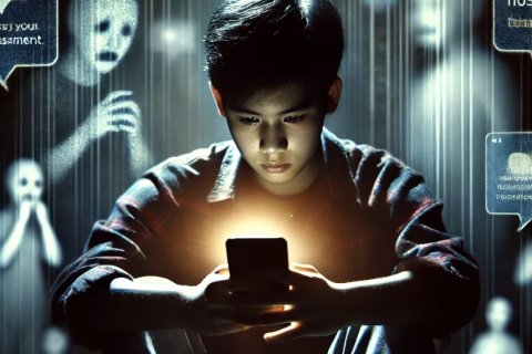 Cybermobbing - Ein Junge schaut betrübt auf sein Smartphone - im Hintergrund düstere Gestaten und Like-Symbole von Social Media, die Mobbing darstellen