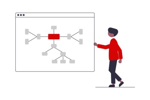 Illustration einer Person, die vor einem gro&szlig;en Bildschirm steht. Auf dem Bildschirm ist ein Diagramm mit einem roten zentralen Knoten und mehreren verbundenen K&auml;stchen dargestellt, das wie eine Mindmap oder ein Organigramm aussieht.