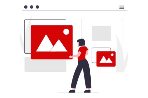 Illustration einer Frau, die ein gro&szlig;es rotes Bildsymbol mit zwei Bergen und einer Sonne auf einen Bildschirm oder eine Oberfl&auml;che zieht. Im Hintergrund sind weitere Bildsymbole in verschiedenen Gr&ouml;&szlig;en zu sehen.