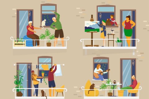 Illustration eines Wohnhauses mit vier Balkonen. Auf jedem Balkon sind unterschiedliche Alltagsszenen zu sehen: Ein &auml;lteres Paar macht Gymnastik, eine Person malt an einer Staffelei, andere h&auml;ngen W&auml;sche auf oder musizieren mit einer Gitarre. Pflanzen, St&uuml;hle und Katzen erg&auml;nzen die Szenen. Die Balkone wirken belebt und zeigen individuelles, nachbarschaftliches Leben auf engem Raum.