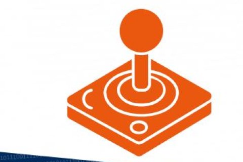 Ein orangefarbener, comic-hafter Joystick