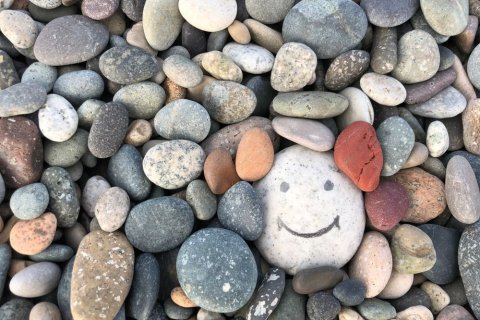 Ein Ansammlung von Kieselsteinen, unter denen ein gr&ouml;&szlig;erer wei&szlig;er Stein ein aufgemaltes Smiley-Gesicht tr&auml;gt