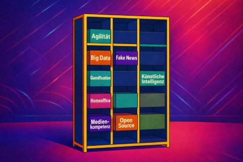 Ein buntes Regal mit mehreren Schubladen in unterschiedlichen Farben. Manche sind beschriftet z. B. mit "Big Data", "Agilit&auml;t" oder "K&uuml;nstliche Intelligenz". Manche sind unbeschriftet. 