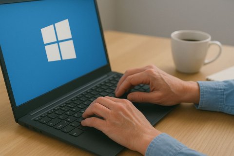 Auf dem Bild ist eine Person mit hellblauer Bluse zu sehen, die an einem Laptop mit Windows-Betriebssystem arbeitet. Ihre Hände liegen auf der Tastatur, der Bildschirm zeigt das bekannte Windows-Logo auf blauem Hintergrund. Der Laptop steht auf einem hellen Holztisch. Im Hintergrund befinden sich eine weiße Tasse und ein Notizbuch. Die Szene wirkt ruhig und konzentriert.