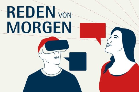 Grafische Illustration mit dem Schriftzug &bdquo;REDEN VON MORGEN" in Dunkelblau oben links. Zwei stilisierte Personen im Profil: Links ein Mann mit VR-Brille in Rot und Dunkelblau, dunkler Pullover. Rechts eine Frau mit langem dunklem Haar, rotem Oberteil, Blick nach oben gerichtet. Zwischen beiden schweben zwei Sprechblasen &ndash; eine rote, eine dunkelblaue. Hintergrund beige mit roten gestrichelten Linien von rechts oben. Reduzierte Farbpalette: Dunkelblau, Rot, Beige.
