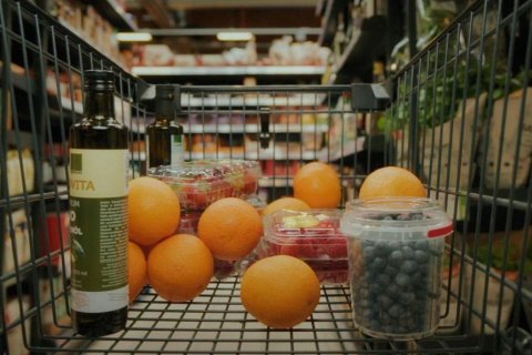 Ein Einkaufswagen im Supermarkt ist mit Orangen, Beeren in Plastikschalen, Heidelbeeren im Becher und zwei Flaschen &Ouml;l gef&uuml;llt. Die Kamera blickt aus dem Wagen auf die Waren, dahinter verschwimmen Regale und Pflanzen. Das Bild verbindet allt&auml;glichen Konsum mit der oft unsichtbaren Arbeit hinter den Lebensmitteln.