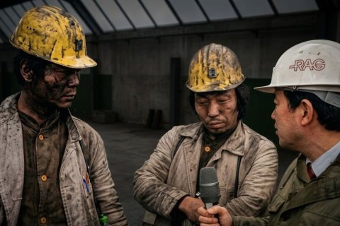 Farbfoto, drei M&auml;nner in einer Industriehalle. Links und Mitte: zwei M&auml;nner mit gelben, stark verschmutzten Schutzhelmen, Gesichter und Overalls von Kohlestaub geschw&auml;rzt. Rechts: ein Mann mit wei&szlig;em Helm, Aufschrift &bdquo;RAG", h&auml;lt ein Mikrofon hin. Der mittlere Mann blickt nach unten. Hintergrund: graue Betonw&auml;nde, Oberlichtfenster.