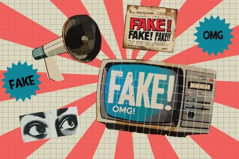 Grafische Collage im Retro-Stil zum Thema &bdquo;Fake News&ldquo;. In der Mitte steht ein alter Fernseher mit der gro&szlig;en Aufschrift &bdquo;FAKE! OMG!&ldquo;. Dar&uuml;ber ein Zeitungsausschnitt mit dem Wort &bdquo;FAKE!&ldquo; in roter Schrift, daneben ein Megafon. Im Hintergrund sind rote Strahlen auf kariertem Papier zu sehen. Unten links erscheinen schwarz-wei&szlig;e Augen, die aufmerksam schauen. Zwei blaue Sprechblasen enthalten die W&ouml;rter &bdquo;FAKE&ldquo; und &bdquo;OMG&ldquo;. Das Bild vermittelt den Eindruck von Medien&uuml;berflutung und Falschinformationen.